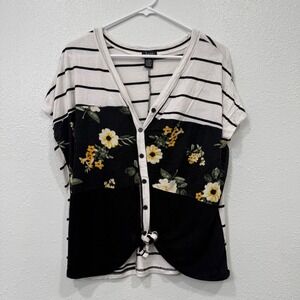 Justify Womens Striped Floral‎ Button Front Tie Waist Tunic Top Size M